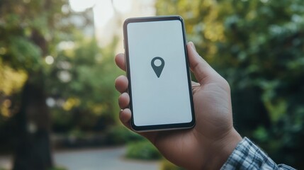 Poster - A hand holds a mobile phone showing a location pin on the screen, indicating a park exploration in the sunlight. Generative AI
