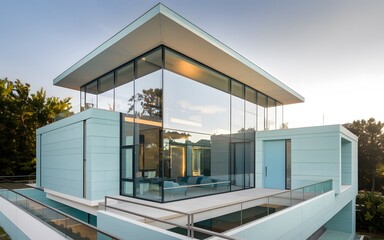 a photo of Design a modern cube-shaped house with a light blue exterior.