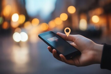 Poster - A user interacts with a mobile phone showing a location pin on the screen, illuminated by warm city lights in the background. Generative AI