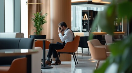 A man in formal attire sits in a modern cafe, deep in thought while using a smartphone during the afternoon