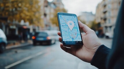Poster - A male hand is shown holding a smartphone with a location pin visible on its screen, set against an urban background. Generative AI