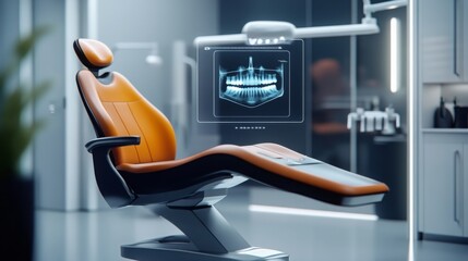 Poster - A sleek dental chair is positioned in a contemporary clinic, highlighted by advanced digital x-ray imaging displayed above, illustrating the modern approach to dental care and patient comfort.