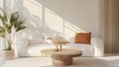 © peerawat - A comfortable living room with a plush white sofa, a round wooden coffee table, and soft pastel creating a relaxing and inviting space for lounging.