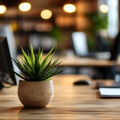 Wall Mural - A modern office space featuring a potted plant on a wooden desk.