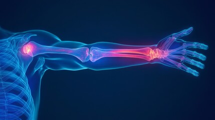 Leinwandbilder - A vivid representation of the human arm, showcasing the anatomical structure, joints, and bone connections, emphasizing the elbow and wrist areas, ideal for educational purposes in anatomy studies.