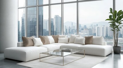 Poster - A contemporary living room with a white sectional sofa, complemented by neutral-toned pillows, a glass coffee table, and a large window providing a panoramic city view.