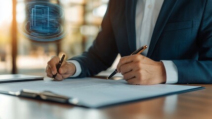 Businessman signing documents in a modern office environment.