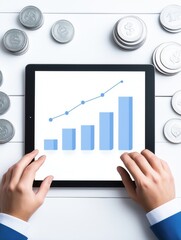 Hands using tablet to analyze financial growth with coins on white background.