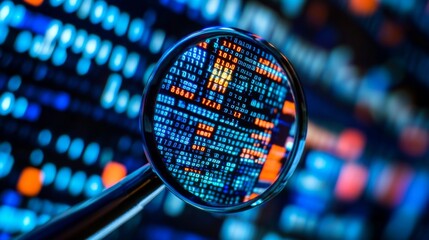 magnifying glass over binary code on computer screen with network data in grid-like pattern. futuris