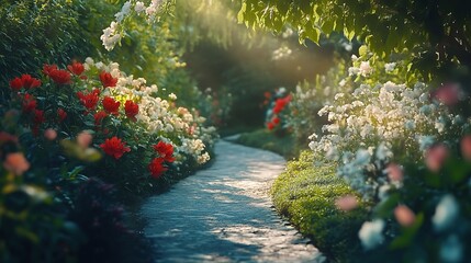 Poster - Tranquil Garden Pathway in Soft Morning Light