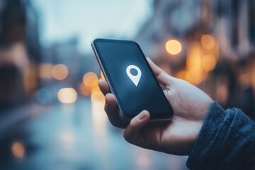 Poster - A hand grips a smartphone showing a location pin on the screen, capturing an urban atmosphere illuminated by evening lights. Generative AI