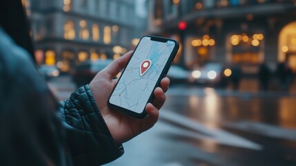 Poster - A male hand grips a smartphone showing a map with a location pin as traffic moves in the background during the evening. Generative AI