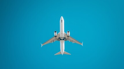 A commercial airplane flying overhead against a clear blue sky during bright daylight