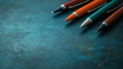 A row of pens are sitting on a blue surface