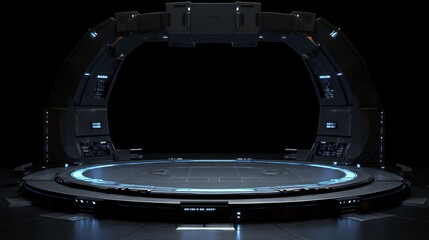  Create an abstract display featuring a blank stage or podium designed for showcasing products in a futuristic cyberpunk style.