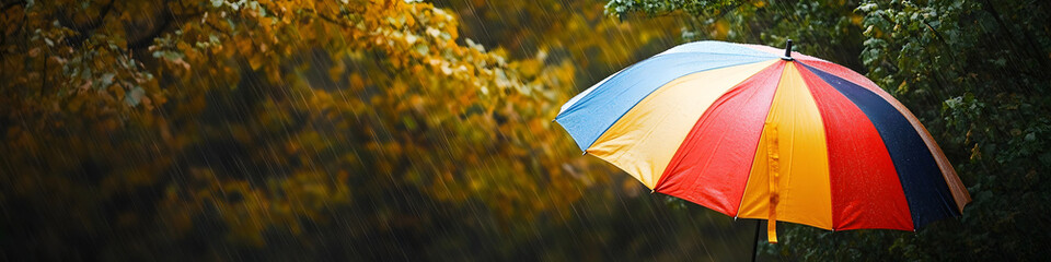 Wall Mural - A colorful umbrella is open in the rain, with a tree in the background. The umbrella is a bright and cheerful contrast to the gloomy weather