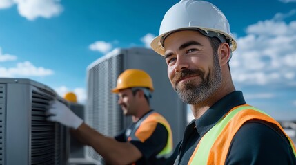 Engineer wearing hard hat working on rooftop air conditioning units.