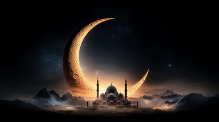 Majestic mosque silhouette with crescent moon in night sky.