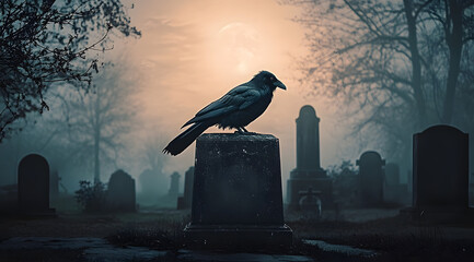 Sticker - Crow sitting tombstone in the foggy spooky graveyard with full moon behind, Halloween or Friday the 13th concept.