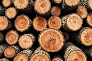 Log trunks pile sawn trees, cut trees along prepared for removal. Wood logs outdoors background stack in industrial plywood factory full frame. Logging timber wood industry concept. Copy ad text space