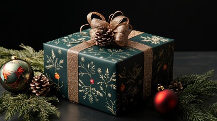 Elegant Christmas Gift Box with Pinecone and Ornaments