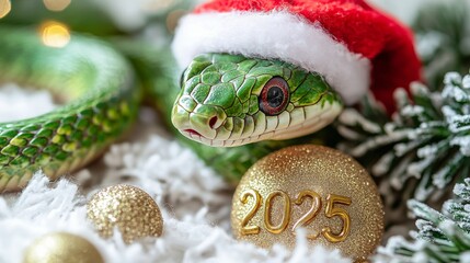 A festive green snake in a Santa hat celebrates the holiday season with glittering decorations