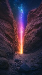 Wall Mural - Beam of light shines through a dark canyon, casting a glow on the rocky path below while the vibrant milky way galaxy shines above