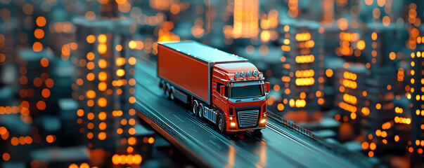 Logistic trucks, transportation routes optimized, modern cityscape, 3D illustration