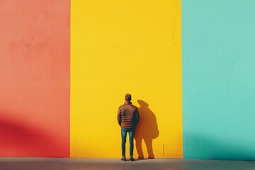 A man stands facing a wall composed of three bold color blocks, creating a vivid visual effect.