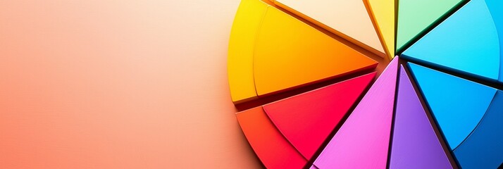 A rainbow pie chart illustration with slices spread, on a soft, gradient peach background, visually dynamic and bright.