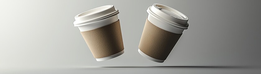 Two coffee cups in a modern style, floating against a minimalist background, perfect for beverage-themed content.