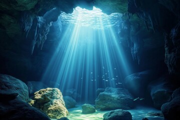 Wall Mural - Serene Cave Interior with Blue Light and Crystal Clear Water