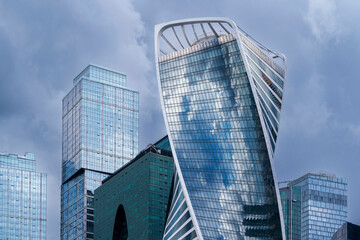 Moscow, Russia - May 26, 2023: Fragments of a complex of high-rise office buildings.