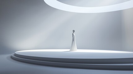 Canvas Print - A minimalist figure stands on a circular stage under soft light in a futuristic, serene setting, emphasizing simplicity and elegance