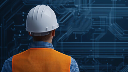 A construction worker in a safety helmet and vest stands against a digital background with circuit patterns, symbolizing technology.