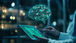 © Sahraya - A developer using a green screen tablet, actively updating an artificial intelligence machine learning algorithm. The screen displays binary code scripts, highlighting the technical work involved in p