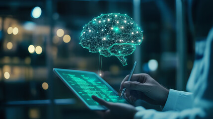 A developer using a green screen tablet, actively updating an artificial intelligence machine learning algorithm. The screen displays binary code scripts, highlighting the technical work involved in p