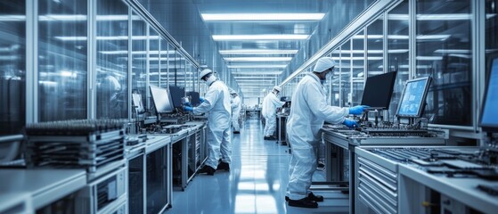 Workers assembling electronic circuits in a modern manufacturing facility during the day