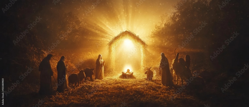 Biblical nativity scene showing Mary, baby Jesus and shepherds with ...