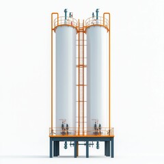 Two industrial storage tanks connected by a platform and ladder, designed for chemical or liquid storage in a minimalist, modern style.