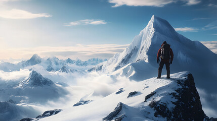 Poster - Hiker standing on the top of icy peak and looking at majestic view of wild unapproachable mountain range under snow. Adventure in nature concept.