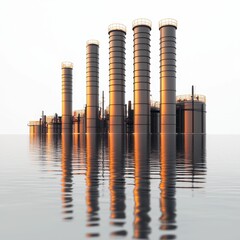 A sleek industrial facility with tall smokestacks rises above calm water, reflecting its structure under soft sunlight.