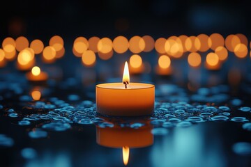 Single Lit Candle Floating in Blue Water with Out-of-Focus Candles in the Background