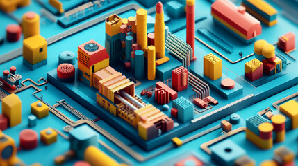 Wall Mural - An abstract, colorful machine representing Industry 4.0, viewed from above, set on a textured background in a 3D illustration.



