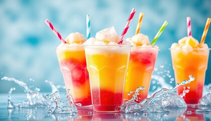 Wall Mural - Colorful summer drinks with ice and straws in plastic cups