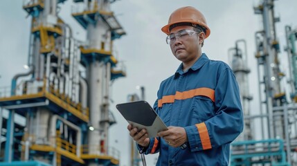 Concentrated engineer working with laptop tablet during shift in gas and oil, plumbing utilities, electrical station. Industrial technology career. Man monitoring systems