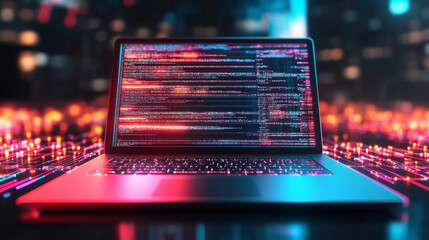 A background image showcasing a laptop concept in technology, featuring business graphs and data analysis processes, highlighting coding, future communication networks, and software development.



