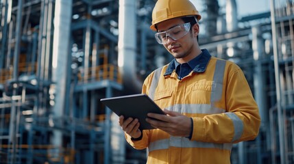 Concentrated engineer working with laptop tablet during shift in gas and oil, plumbing utilities, electrical station. Industrial technology career. Man monitoring systems