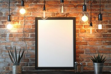 A blank frame placed on a rustic brick wall, surrounded by hanging Edison-style lights and small potted plants, creating a cozy industrial atmosphere.