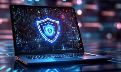 Wall Mural - blue digital security background with a lock symbol and circuit board patterns, representing data pr